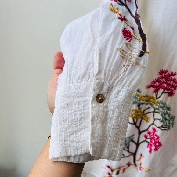Johnny Was Safari Embroidered Button-Up Blouse, white, size XS - Picture 7 of 10